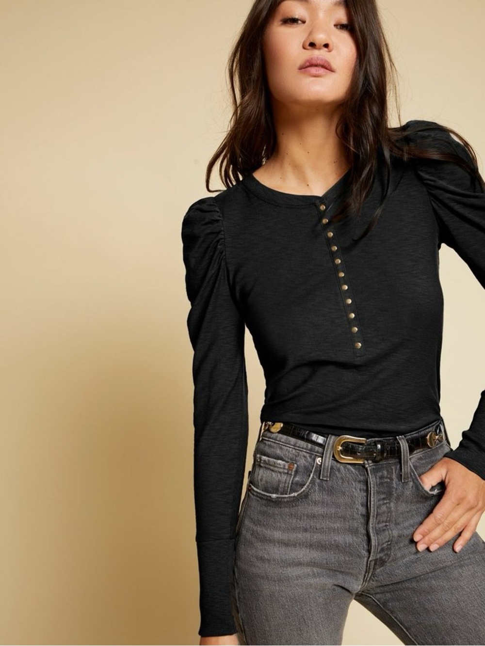 Nation Ltd Lilian Long Sleeve Henley Cotton Top in Jet Black Size XS